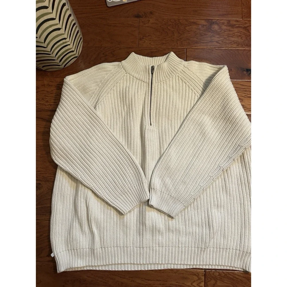 Lauren Ralph Lauren Sweater 2X Womens Chunky Knit 1/4 Zip Cream Cotton Unisex
